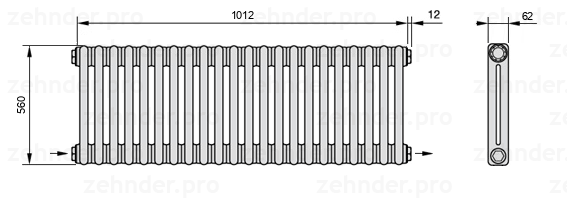 Схема (чертеж) Радиатор Zehnder Charleston 2056/22 №2670 Белый глянцевый RAL 9016